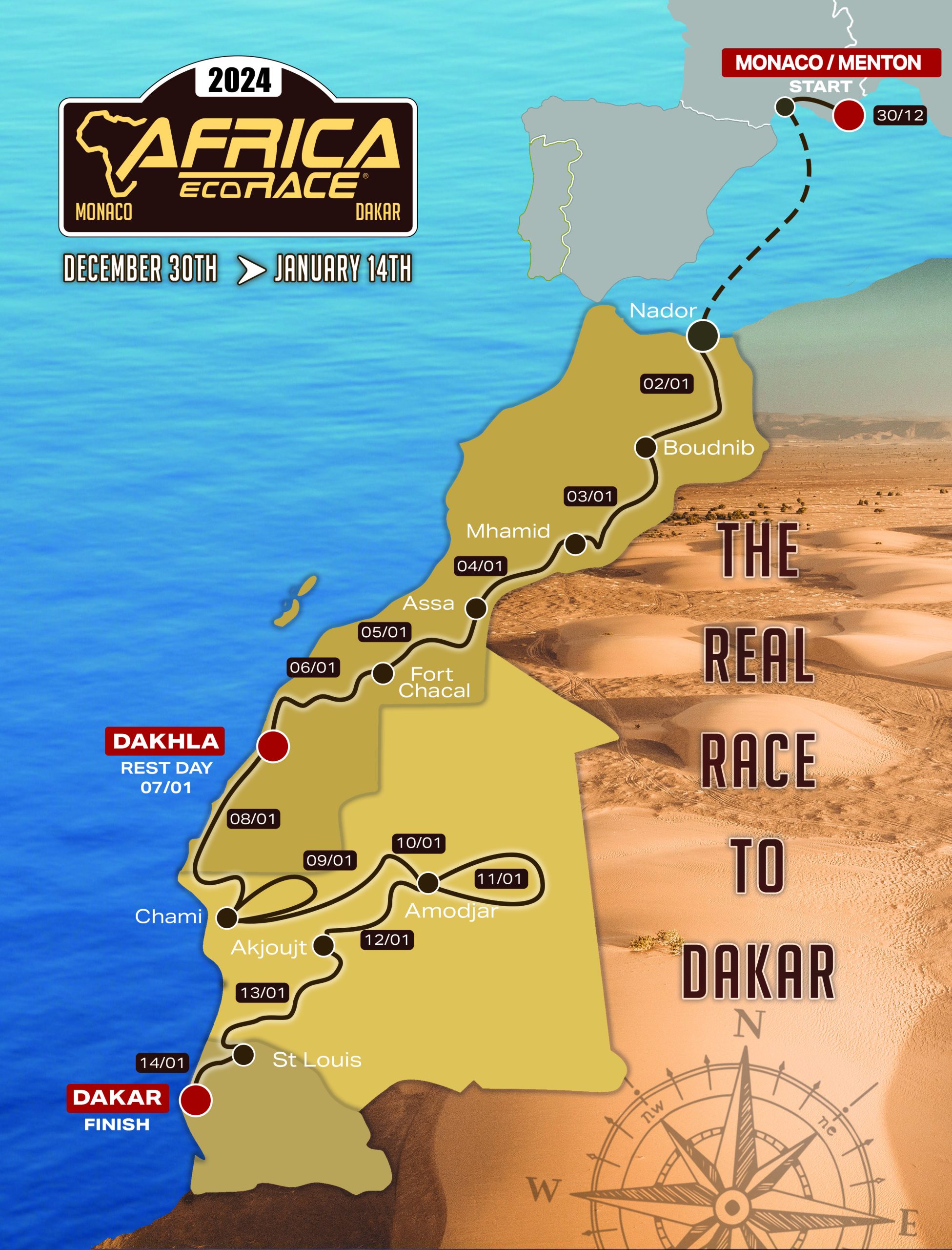 Mapa etapas y recorrido África Eco Race 2024.